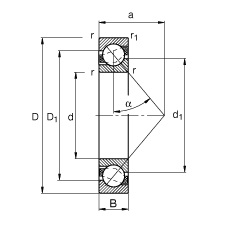角接觸球軸承 7328-B-MP, 根據 DIN 628-1 標準的主要尺寸，接觸角 α = 40°