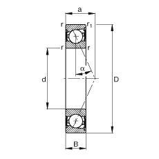主軸軸承 B71903-E-2RSD-T-P4S, 調(diào)節(jié)，成對安裝，接觸角 α = 25°，兩側(cè)唇密封，非接觸，限制公差